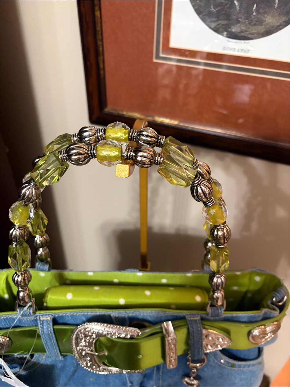 Denim Tote with Lime Green Trim and Beaded Handles - Picture 2 of 9